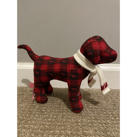 Victoria's Secret Pink Holiday 7" Puppy Dog - Red Black Plaid w/White Scarf - Picture 3 of 4